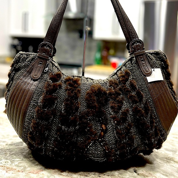 Salvatore Ferragamo Authentic Brown Mink. Grey Knit. Leather Trim Bag - Picture 2 of 14